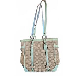 Coach Gallery Signature Jacquard Tote Bag Y2K Mint Green / Blue 2008 F12344